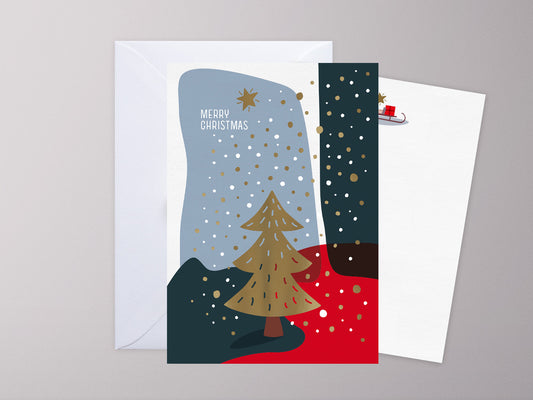 Weihnachtskarte ›Merry Christmas‹, Grußkarte mit Innenblatt und Goldveredelung, Retro Illustration