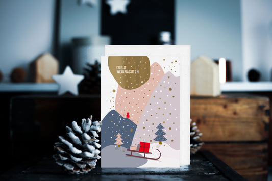 Weihnachtskarte ›Geschenkeschlitten‹, Grußkarte mit Innenblatt und Goldveredelung, Retro Illustration