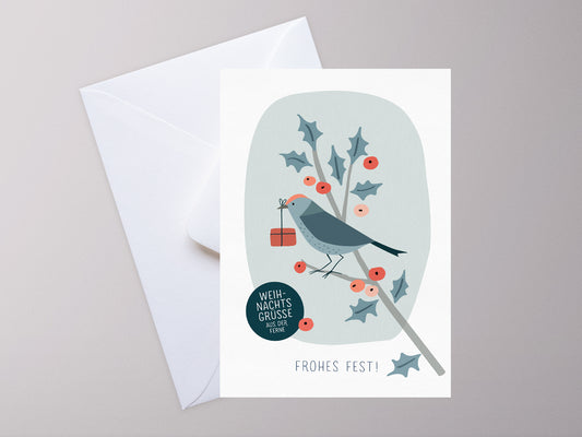 Weihnachtskarte ›Frohes Fest‹ / Scandi Nordic Stil, Wintervogel mit Zweig in Pastellfarben
