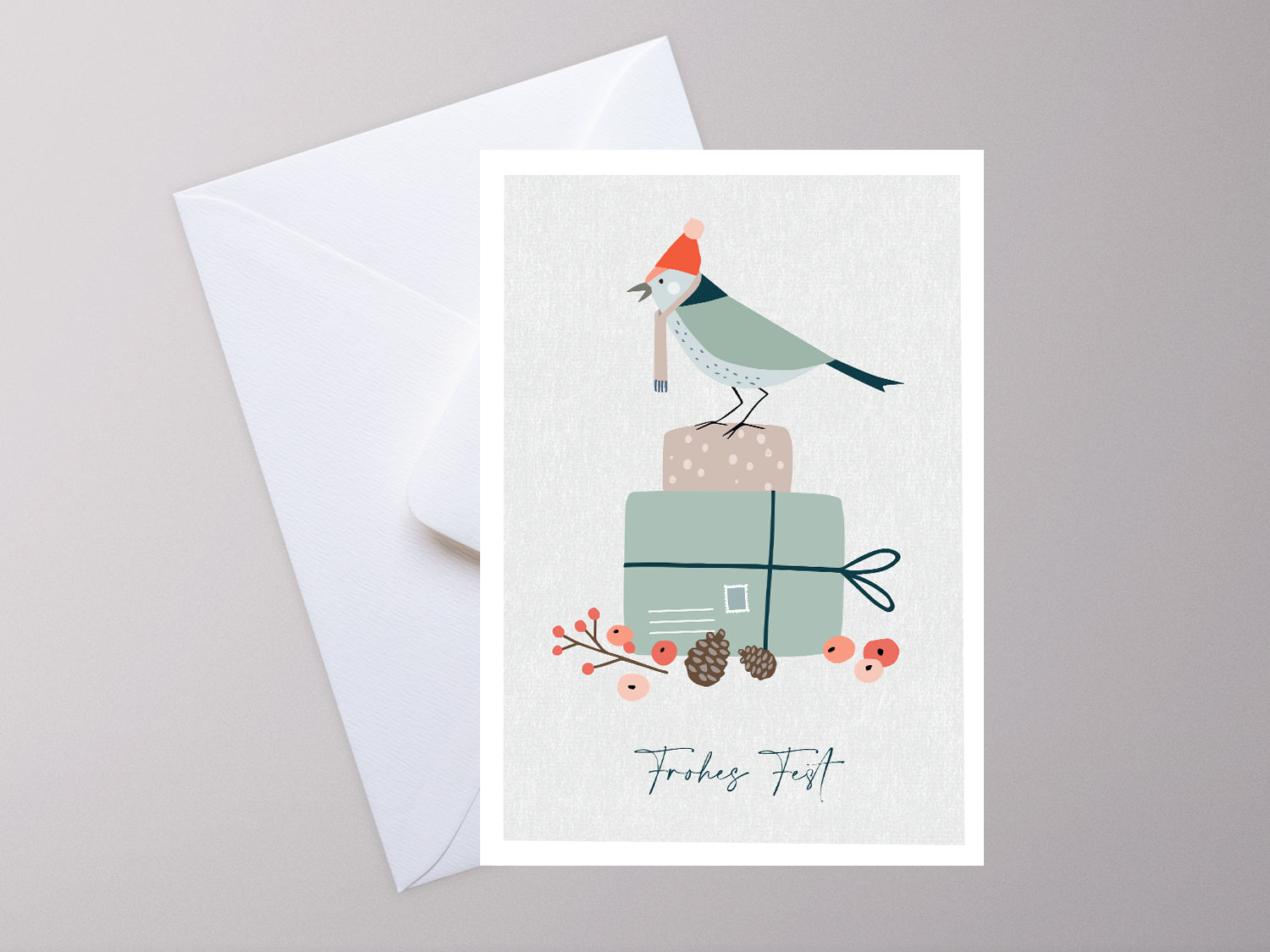 Weihnachtskarte im Scandi Nordic Stil als kleiner Postkartengruß, illustriert mit einem Vogel auf einem Geschenk und dem Wunsch nach einem "Frohen Fest".  Die gedeckten Pastellfarben und der minimalistischem Nordic Design Stil zaubert dieser Weihnachtsgruß eine gemütliche Atmosphäre unter deinen Tannenbaum.