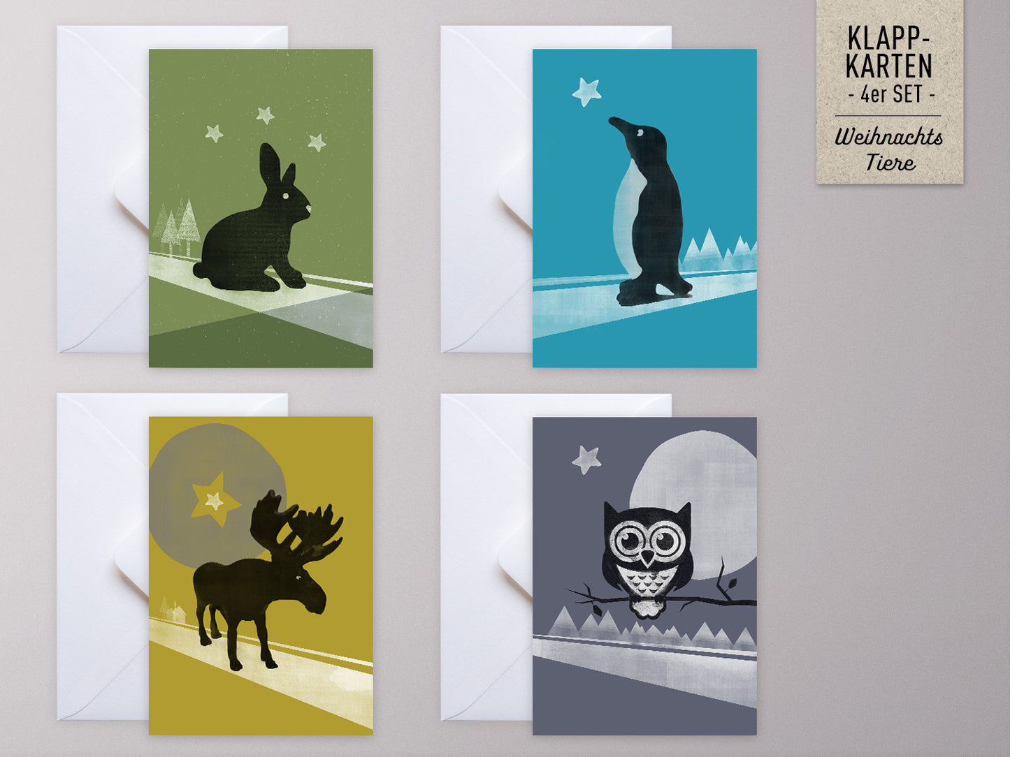 Weihnachtskarten-Set ›WINTER-TIERE‹, Vintage Illustration mit Elch, Pinguin, Hase und Eule