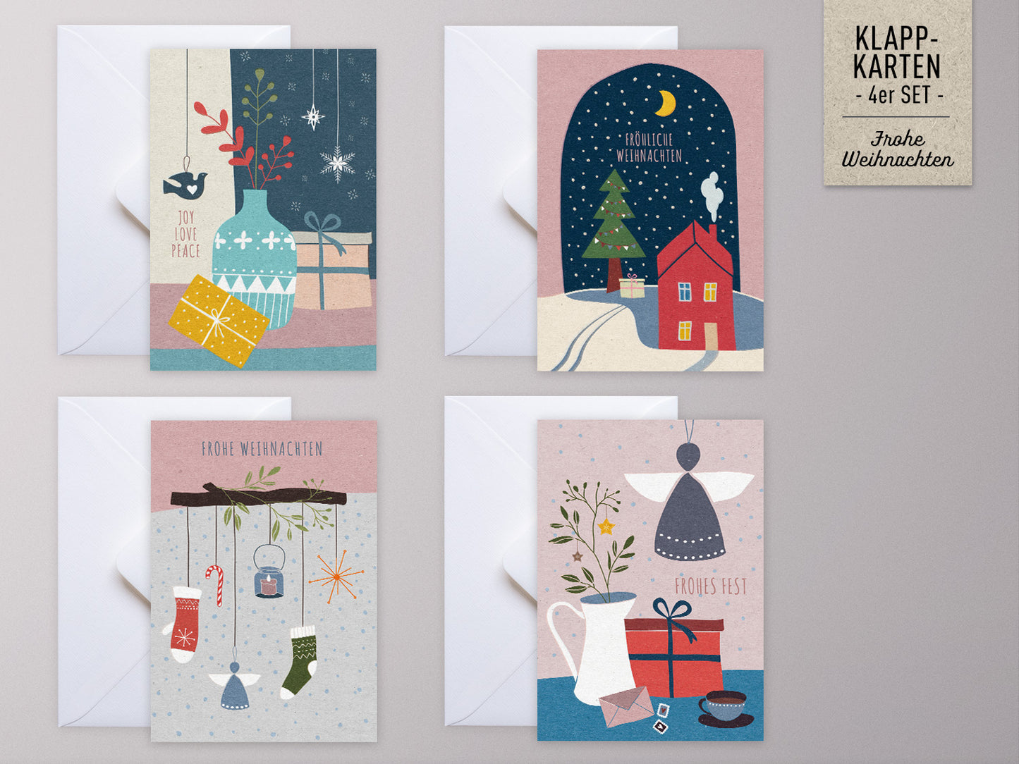Weihnachtskarten-Set ›FROHE WEIHNACHTEN‹, Grußkarten mit Vintage- und hygge-Touch