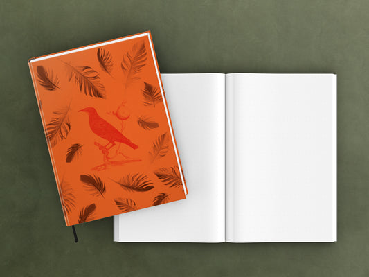 edles Notizbuch mit elegant schimmerndem Kashgar-Leinen und Lesebändchen, Natur, Geschenk, Vogel, schwarze Federn