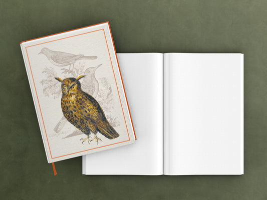 edles Notizbuch mit elegant schimmerndem Kashgar-Leinen und Lesebändchen, Natur, Geschenk, Vogel, Uhu