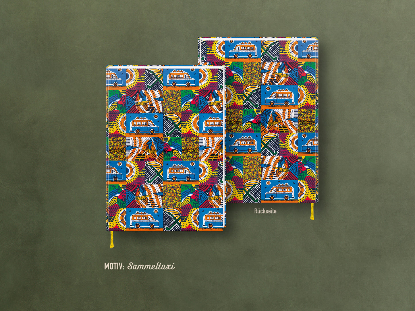 edles Notizbuch mit elegant schimmerndem Kashgar-Leinen und Lesebändchen, Wax, Geschenk, Stoffmuster, Afrika, bunt