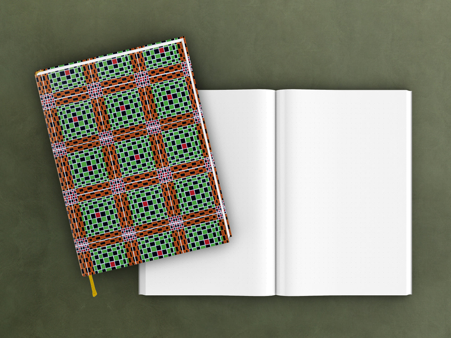 edles Notizbuch mit elegant schimmerndem Kashgar-Leinen bezogen und Lesebändchen, Wax, Geschenk, Stoffmuster, Muster, Afrika