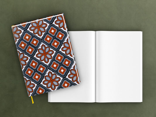 edles Notizbuch mit elegant schimmerndem Kashgar-Leinen bezogen und Lesebändchen, Wax, Geschenk, Stoffmuster, Muster, Afrika, Floral