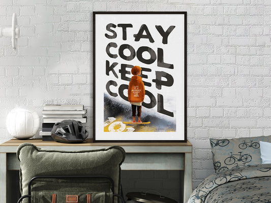 POSTER ›Skater-Boy, Stay Cool‹, Skater Typo Poster, Wanddeko, Skateboard, Illustation, Wandbild, Teenager