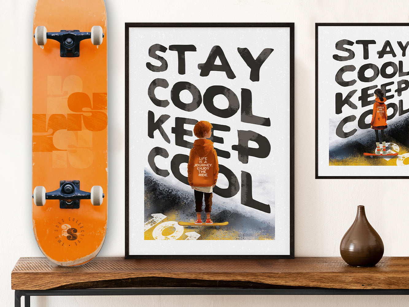 POSTER ›Skater-Boy, Stay Cool‹, Skater Typo Poster, Wanddeko, Skateboard, Illustation, Wandbild, Teenager