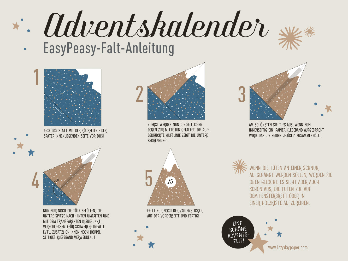 Adventskalender-Set, DIY Berge zum Selberbasteln, Dreieckstüten, Recyclingpapier, Aufkleber