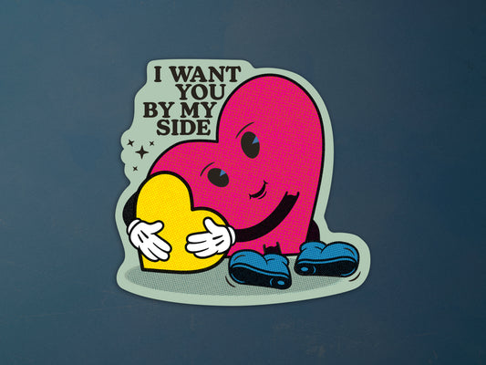Aufkleber, Sticker ›I Want You By My Side‹ / Herz, Comic, Cartoon, Kindergeburtstag, Geschenkidee, Etikett, Liebe, Freundschaft