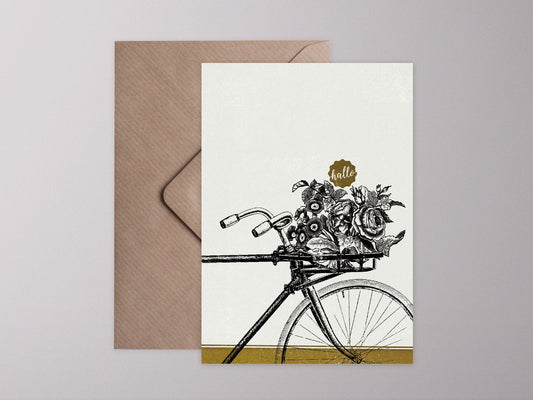 Klappkarte ›HALLO – BLUMENFAHRRAD‹ / Grußkarte, Blumenstrauß, Fahrrad, Korb