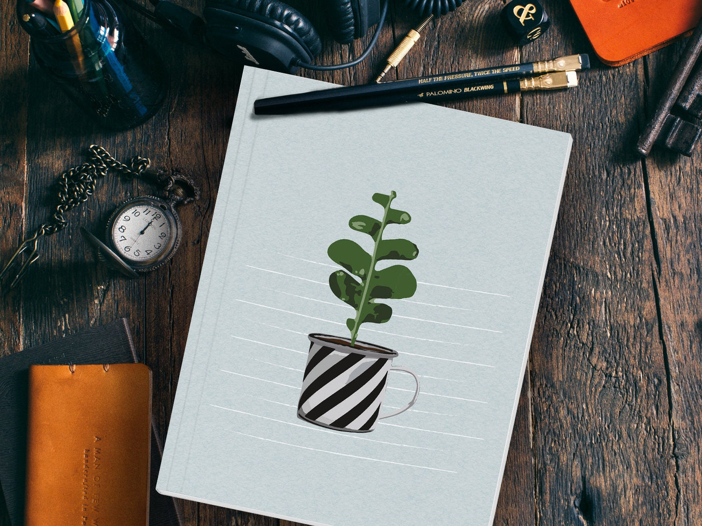 Notizheft ›Tasse mit Sukkulente‹, mit Retro Illustration für deine Notizen und Ideen