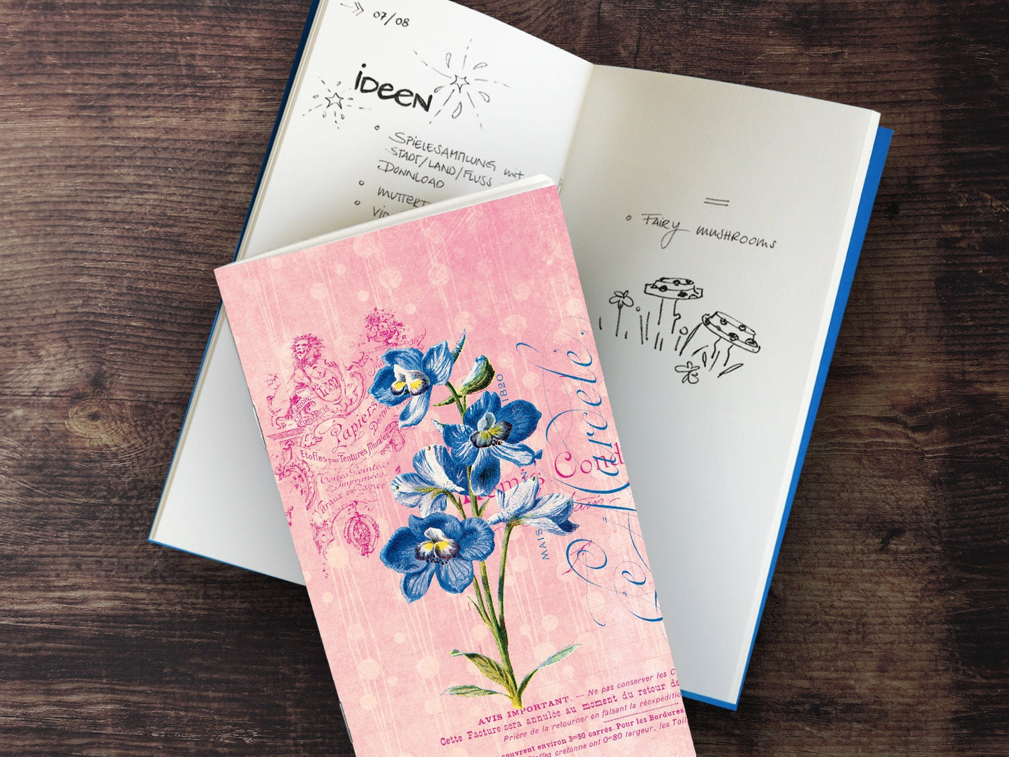Schmales Notizheft ›Blaue Blume‹, Notebook, Skizzenbuch, Floral, Pflanze, Retro, Reisebegleiter, Kunst