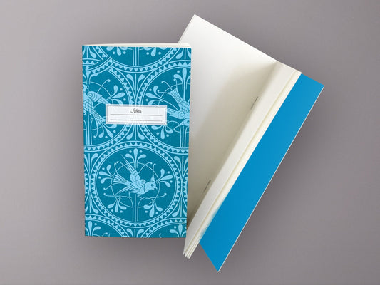 Schmales Notizheft ›Blauer Vogel‹, Notebook, Skizzenbuch, Reisebegleiter, Kunst, Muster, Klassisch, Tapete