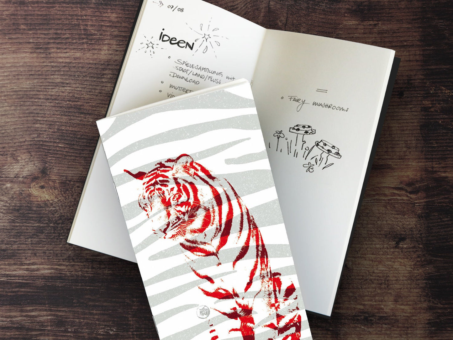 Schmales Notizheft ›Roter Tiger‹, Notebook, Skizzenbuch, Muster, Abenteuer, Retro, Reisebegleiter, Tier
