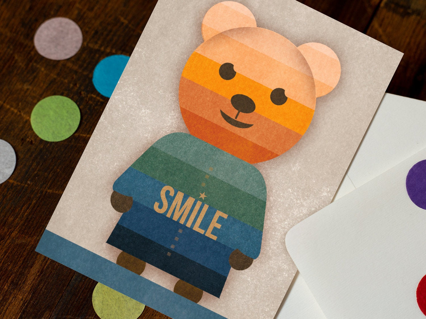 Postkarte ›Bär‹, Smile, Streifen, Lächeln, Teddybär, Kind, Geburtstag, Liebe, Freundschaft, Held