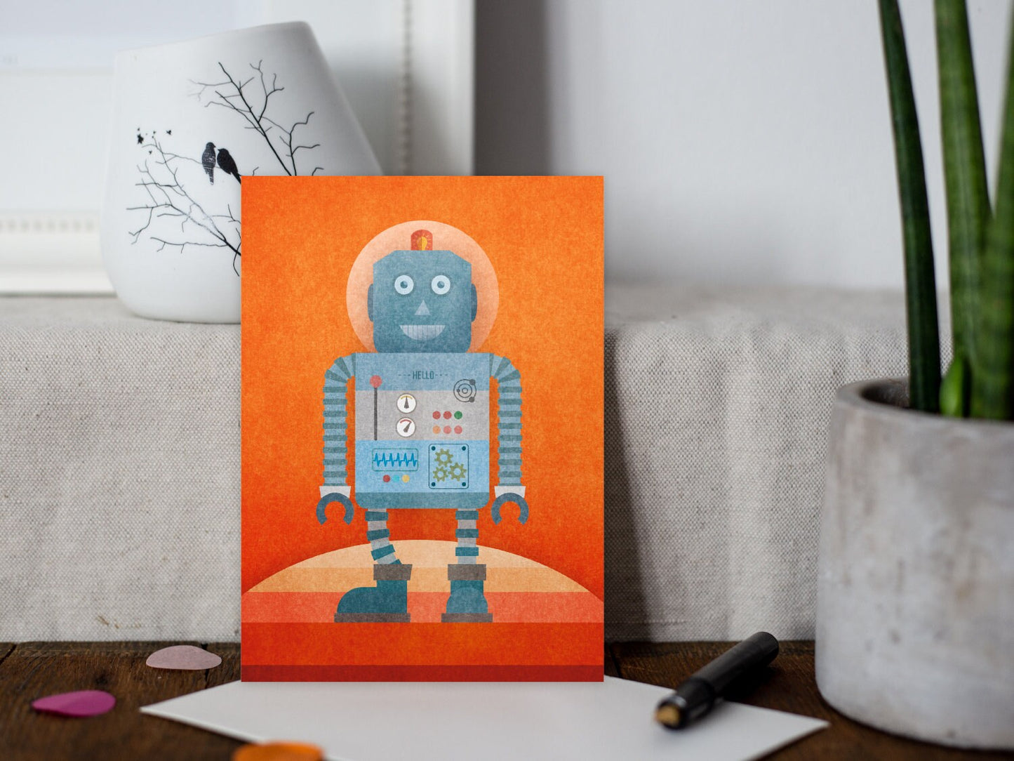 Postkarte ›Kleiner Roboter‹, Geschenk, Retro, Freundschaft, fröhlich, Kind