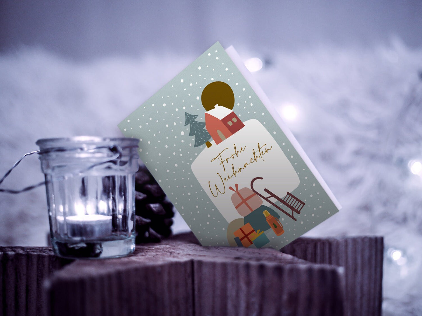 Weihnachtskarte ›GESCHENKEBERG‹, Klappkarte, Frohes Fest, Frohe Weihnachten, winterlich, Geschenk, Schlitten