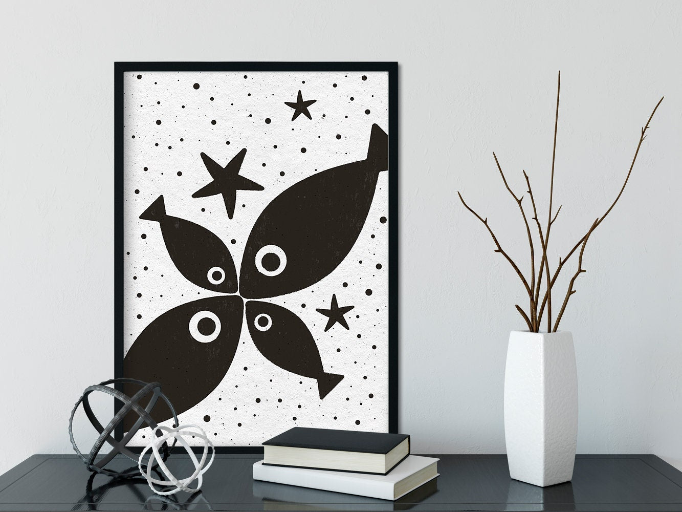 Digital Artwork ›Fish and Starfish 01‹ / Wanddeko, Digitales Poster, skandinavisch, reduziert, s/w, druckbarer Digital Download – jede Größe