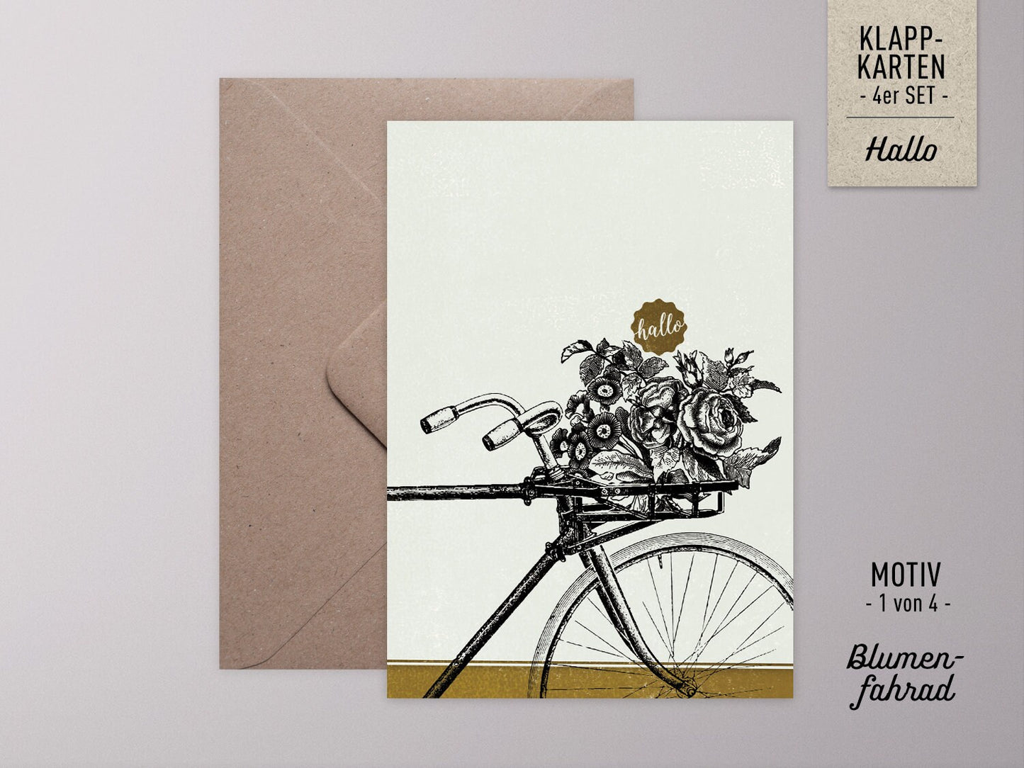 Grußkarten-Set ›HALLO‹, Vintage Illustration mit Fahrrad, Luftschiff und Papagei