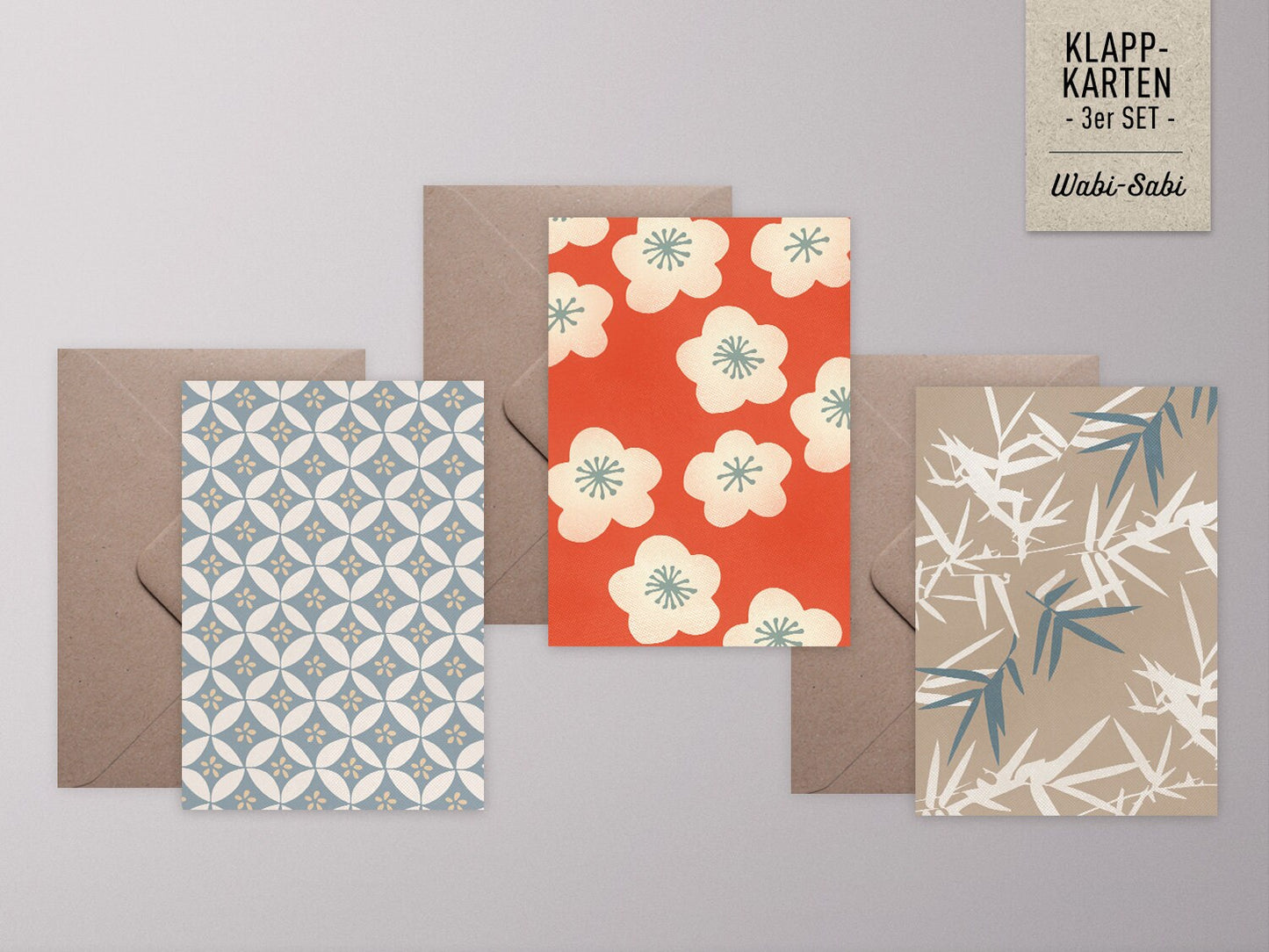 Grußkarten-Set ›WABI-SABI‹, japanische Muster mit Bambus und Kirschblüte