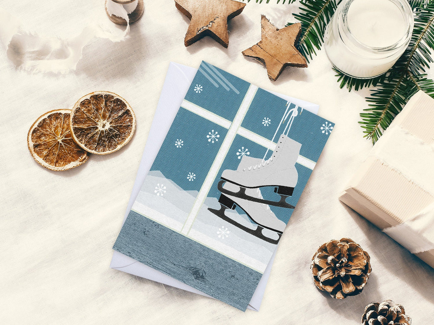 Weihnachtskarte ›Schlittschuhe‹, Klappkarte, Frohes Fest, Frohe Weihnachten, winterlich, romantisch