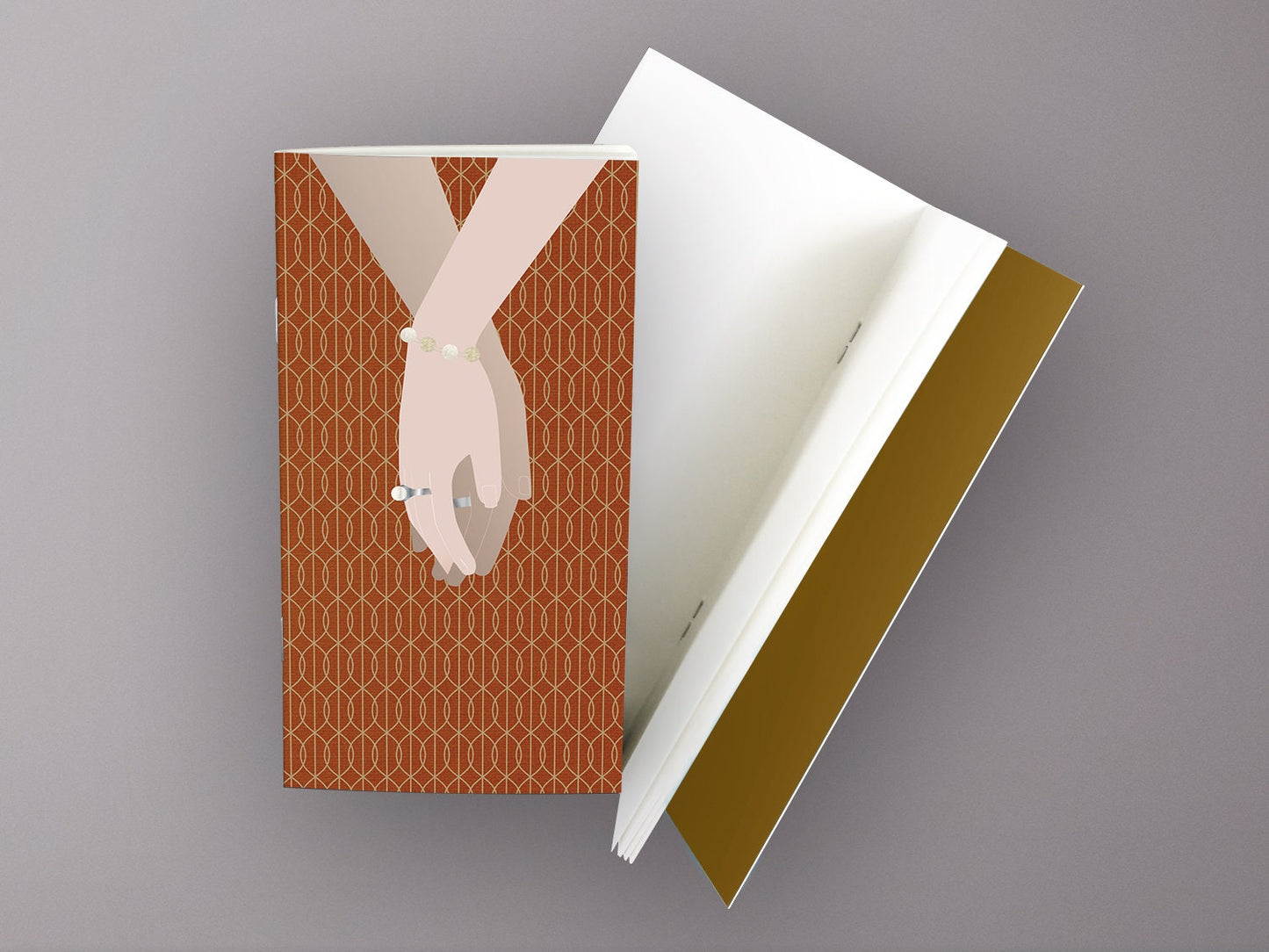 Schmales Notizheft ›Hand in Hand‹, Notebook, Skizzenbuch, Reisebegleiter, Muster, 20er Jahre, Klassisch, Art Déco, Liebe