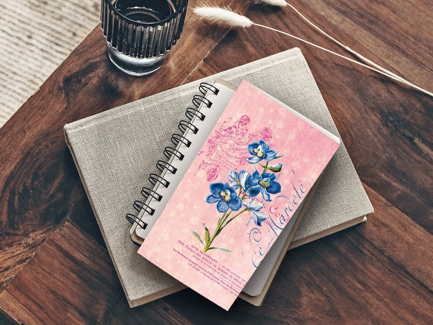 Schmales Notizheft ›Blaue Blume‹, Notebook, Skizzenbuch, Floral, Pflanze, Retro, Reisebegleiter, Kunst