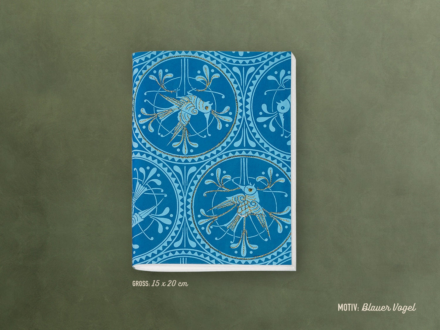 Besticktes Notizheft ›Blauer Vogel‹; edles Journal, Geschenk, Reisebegleiter, bunt, Ornament