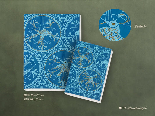 Besticktes Notizheft ›Blauer Vogel‹; edles Journal, Geschenk, Reisebegleiter, bunt, Ornament
