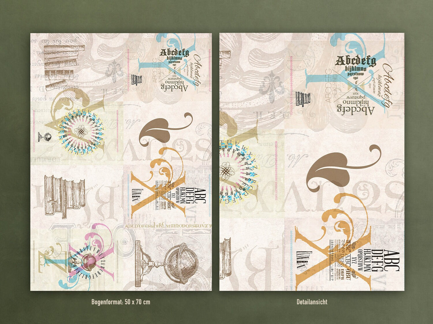 Geschenkpapier Set, Alphabet: 10 Bögen mit 5 Motiven, 50 x 70 cm, Typo, Retro, Vintage, Zahlen, ABC, Ephemera, Collage, verpacken