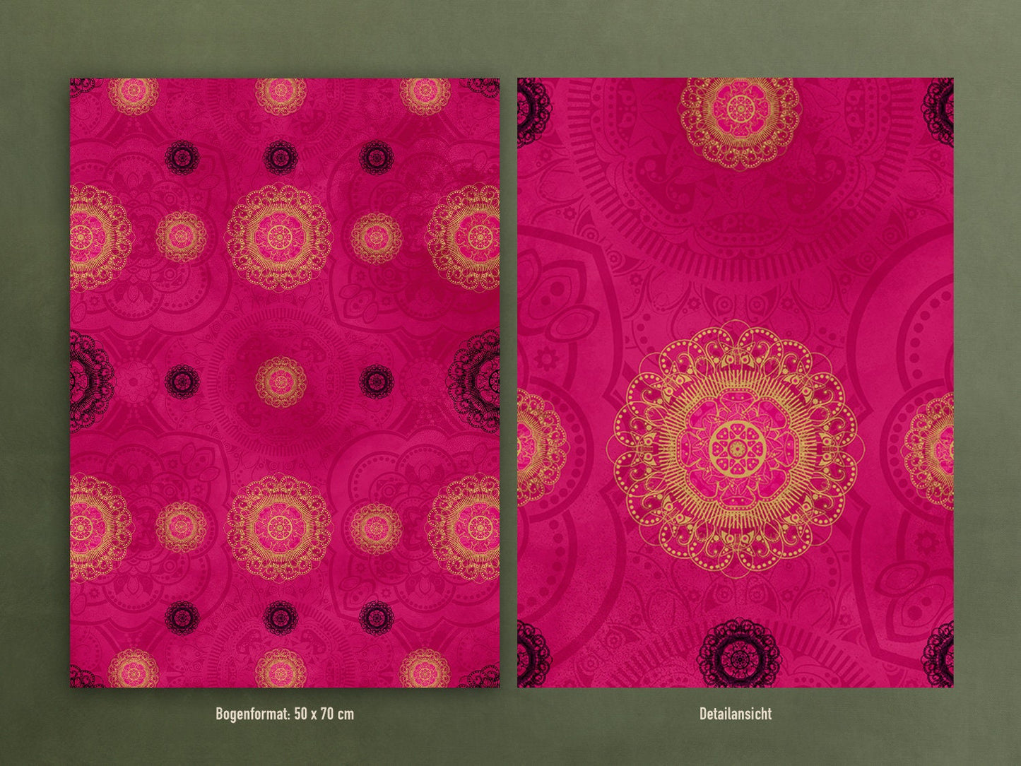 Geschenkpapier Set 02, Indien : 10 Bögen mit 5 Motiven, 50 x 70 cm, Mandal, Muster, Gold, Henna, Boho, Ethno, verpacken